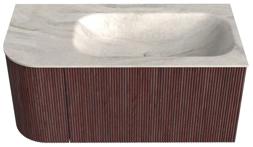 Mondiaz Kurve-dlux 95cm badmeubel ronding links ruby met 1 lade en deur en wastafel big small rechts zonder kraangat ostra