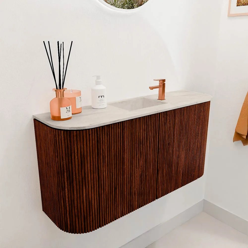 Mondiaz Joya DLux 85cm toiletmeubel ronding links/rechts ruby met wastafel faye midden 1 kraangat ostra