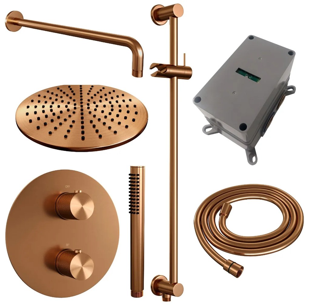 Brauer Copper Carving thermostatische inbouw regendouche met staafhanddouche, gebogen muurarm, glijstang en hoofddouche 30cm set 88 koper geborsteld PVD