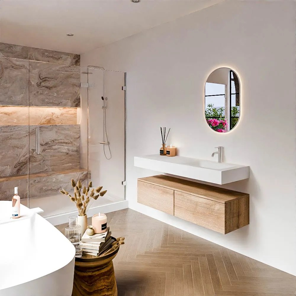 Zaro Alan badmeubel 130cm washed oak 2 lades met vrijhangende wastafel cloud rechts 1 kraangat talc