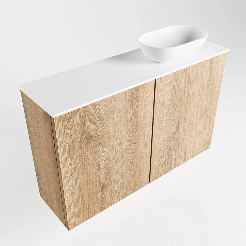 Mondiaz Fowy toiletmeubel 80cm washed oak met witte waskom rechts zonder kraangat