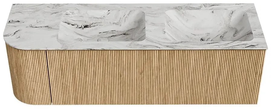 Mondiaz Kurve-dlux 145cm badmeubel ronding links oak met 1 lade en deur en wastafel leaf dubbel/rechts 2 kraangaten glace