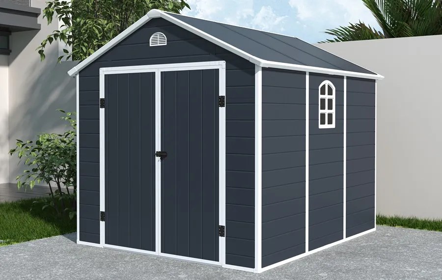 Bergen kunststof gereedschapshuisje 2,4 x 2,8 m CoverTech antraciet