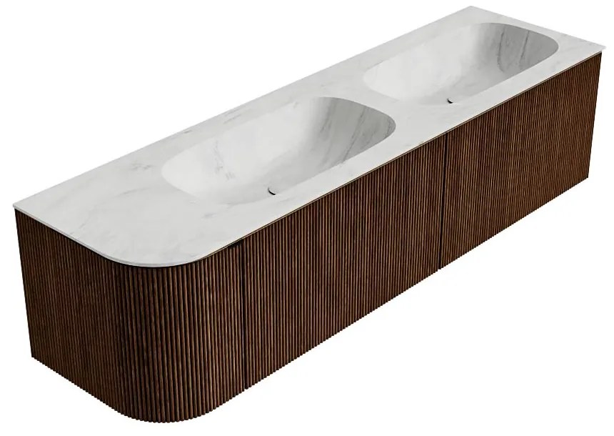 Mondiaz Kurve-dlux 165cm badmeubel ronding links walnut met 2 lades en 1 deur en wastafel stor small dubbel/rechts 2 kraangaten opalo