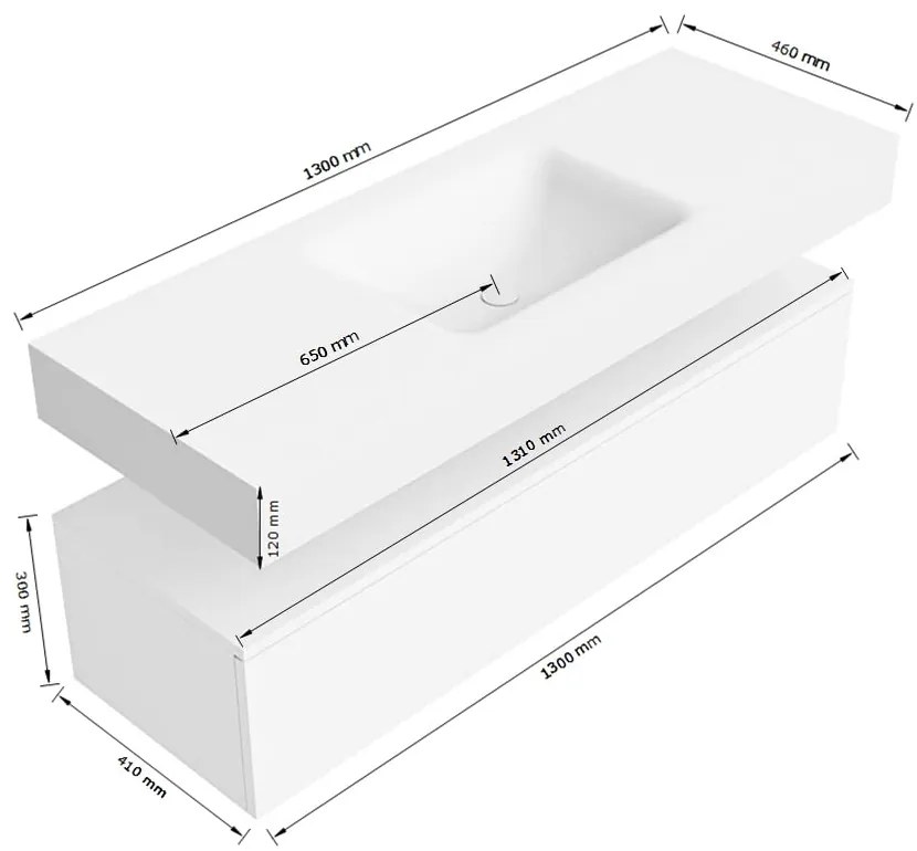 Zaro Alan badmeubel 130cm talc 1 lade met vrijhangende wastafel cloud midden 1 kraangat urban