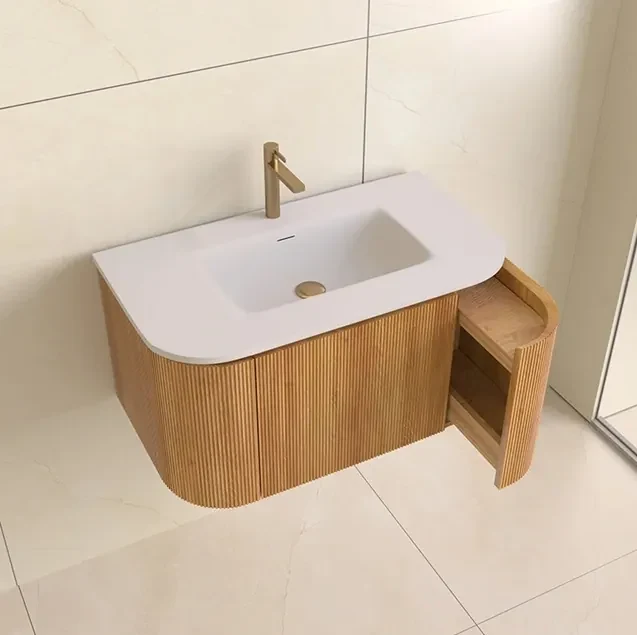 Lambini Designs Eleganza rond badmeubel 80cm acacia met ribbelfront en wastafel met kraangat