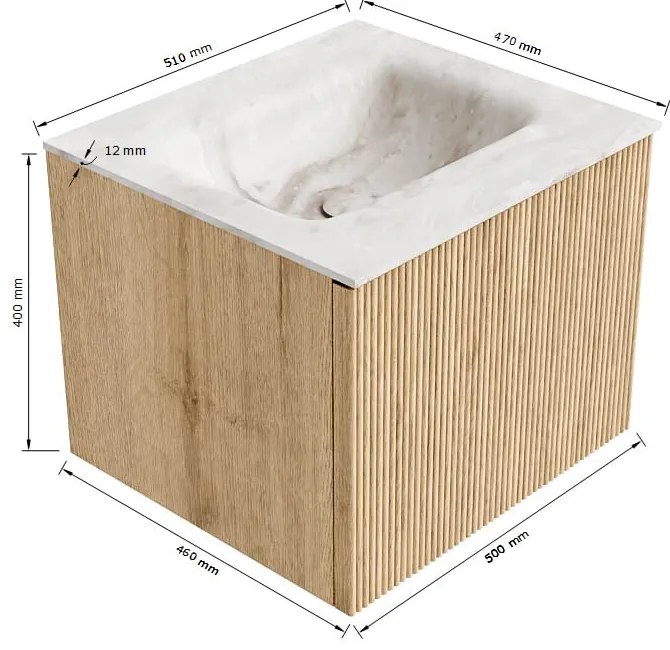 Mondiaz Kurve-dlux 50cm badmeubel walnut met 1 lade en wastafel grunne midden zonder kraangat frappe