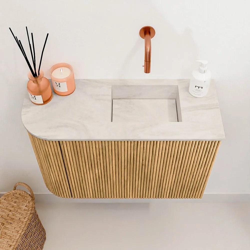 Mondiaz Joya DLux 60cm toiletmeubel ronding links oak met wastafel faye rechts zonder kraangat ostra