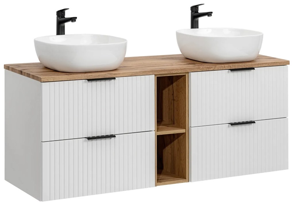 Comad Adele White badkamermeubel 140cm wit mat met 2 waskommen en topblad eiken