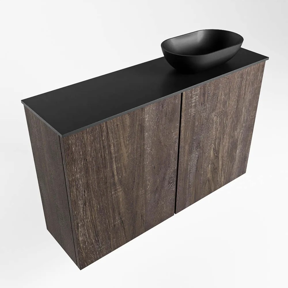 Mondiaz Fowy toiletmeubel 80cm dark brown met zwarte waskom rechts zonder kraangat