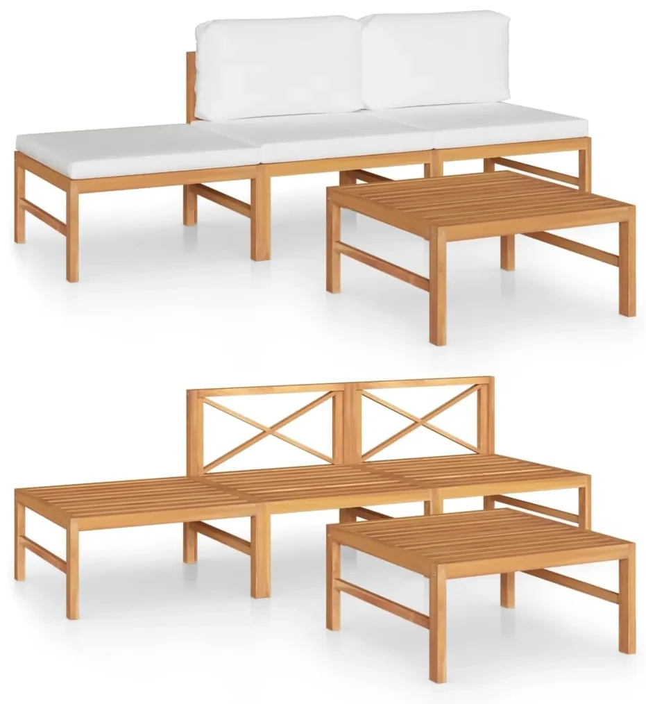 vidaXL 4-delige Loungeset met crèmekleurige kussens massief teakhout