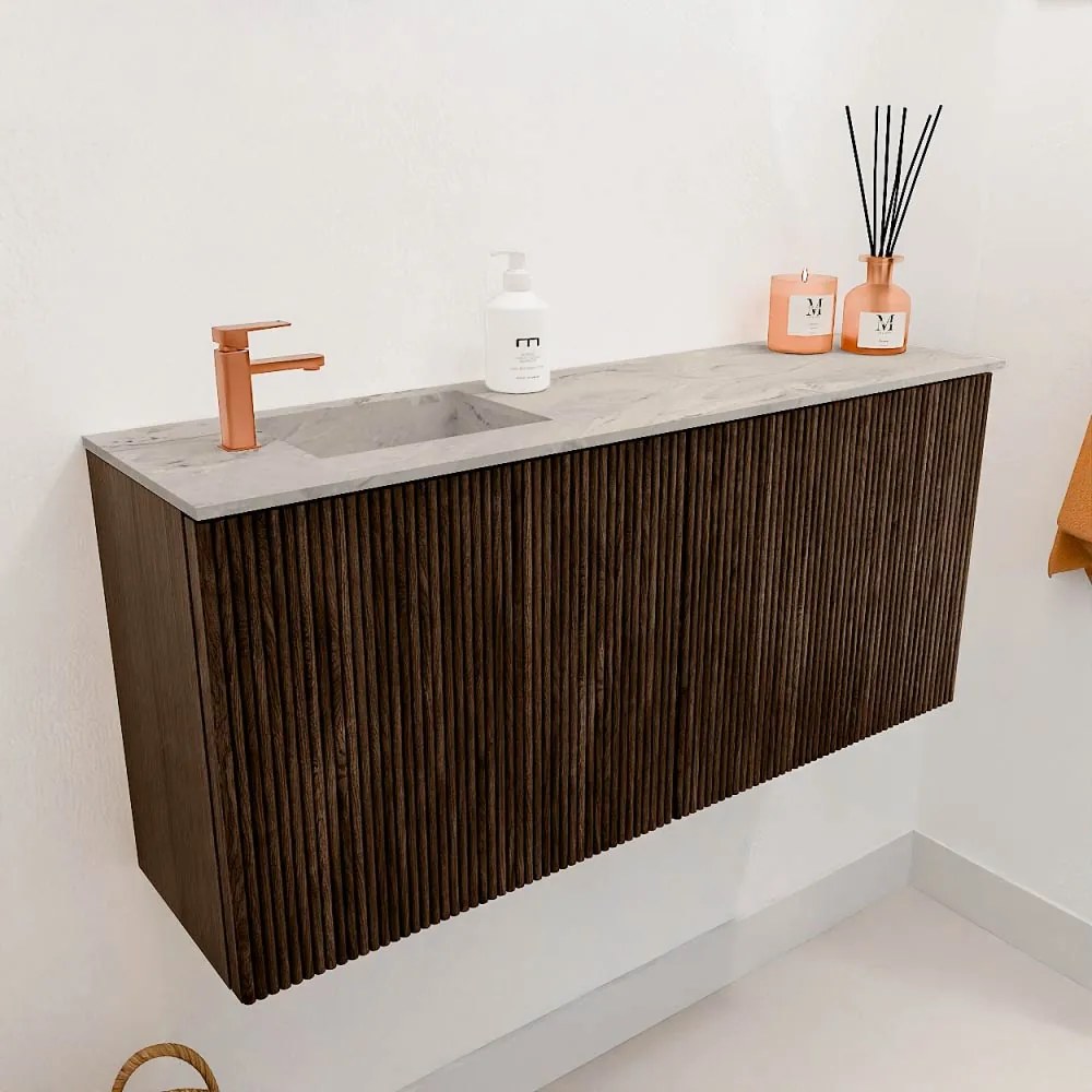 Mondiaz Joya DLux 90cm toiletmeubel walnut met wastafel faye links 1 kraangat glace