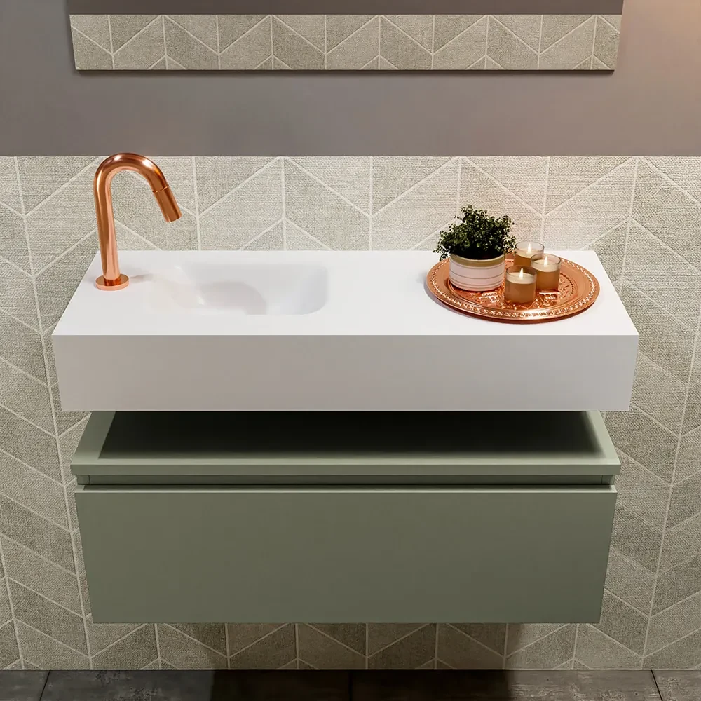 Mondiaz Andor toiletmeubel 80cm army met witte wastafel links met kraangat