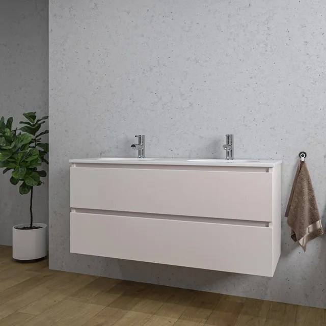 Adema Chaci Badkamermeubelset - 120x46x57cm - 2 ovale keramische wasbakken wit - 2 kraangaten - 2 lades - mat cotton (beige) SW718719/SW1212783