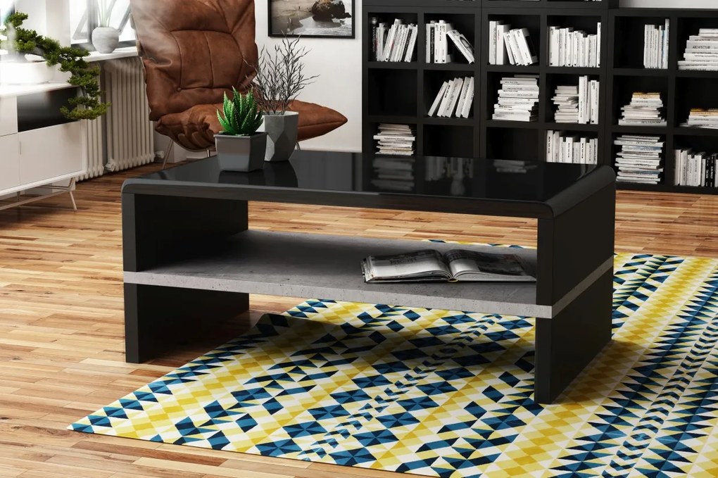 Mazzoni ROCK zwart glanzend en mat / beton, salontafel