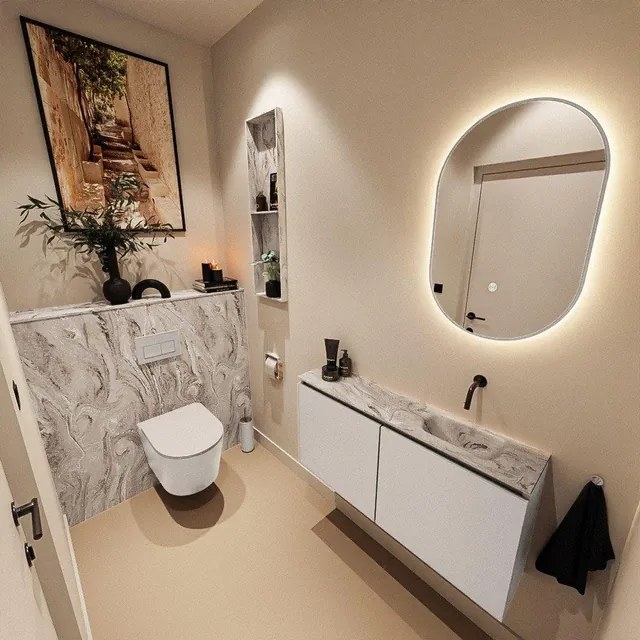 MONDIAZ TURE-DLUX 100cm toiletmeubel Linen. EDEN wastafel Glace positie rechts. Zonder kraangat. TUREDX100LINR0GLA