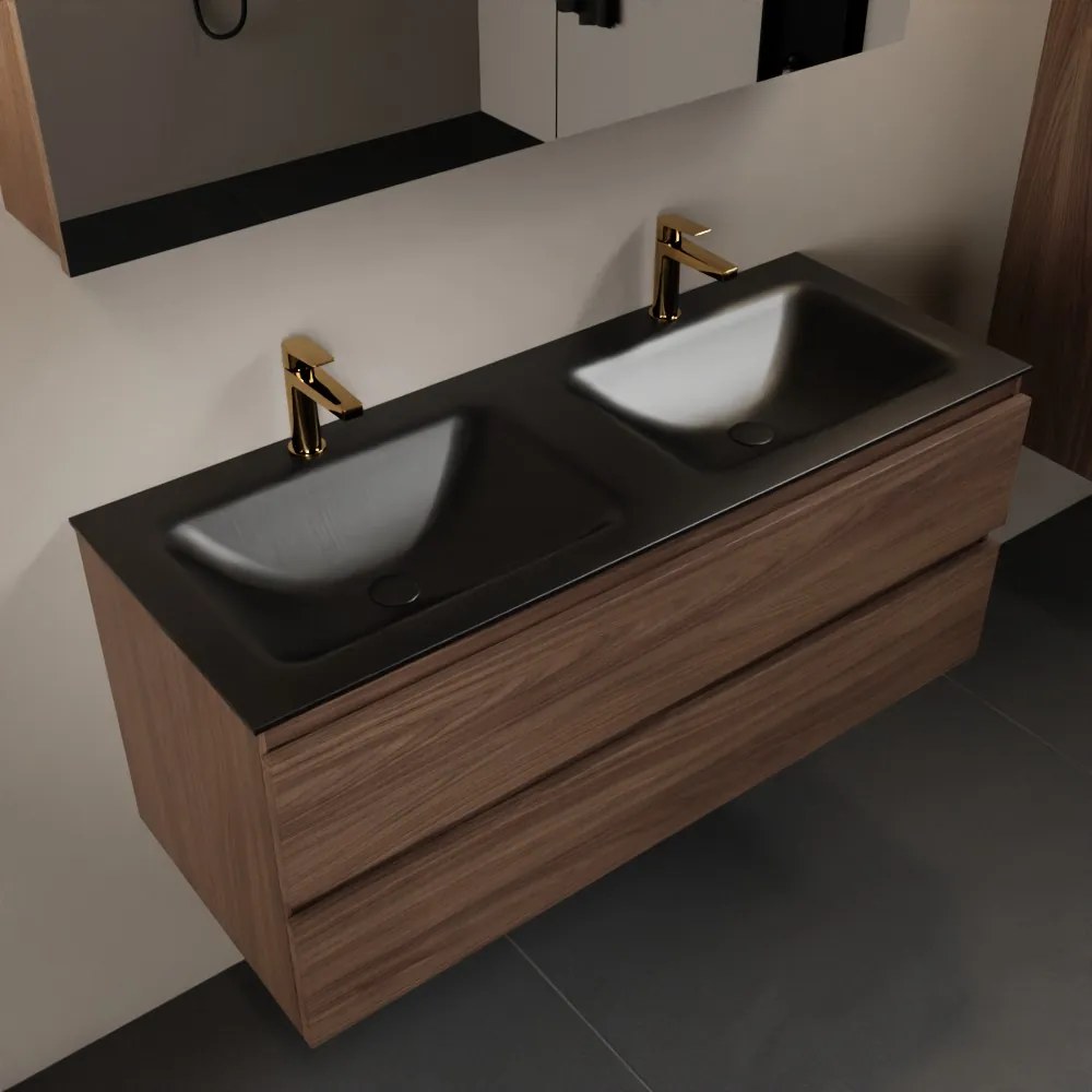 Mondiaz Aivy badmeubel 120cm mocha met wastafel solid surface urban dubbel 2 kraangaten en spiegelkast