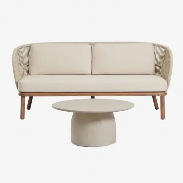 Woonkamerset Met 2-zits Bank In Gevlochten Touw Capri En Ronde Salontafel Ø75 Cm In Layana Cement Beige – Crème - Sklum