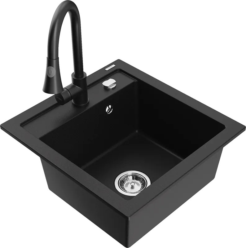 Mexen Vito granieten spoelbak 1-baks met keukenmengkraan Elia, zwart - 6503-77-670101-70