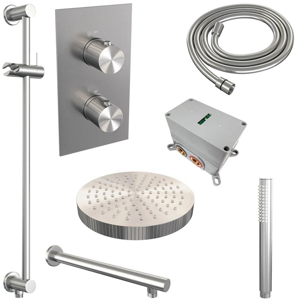 Brauer Stripe inbouw regendouche met 25cm hoofddouche, met rechte muurarm, glijstang en staafhanddouche set 19 RVS geborsteld PVD
