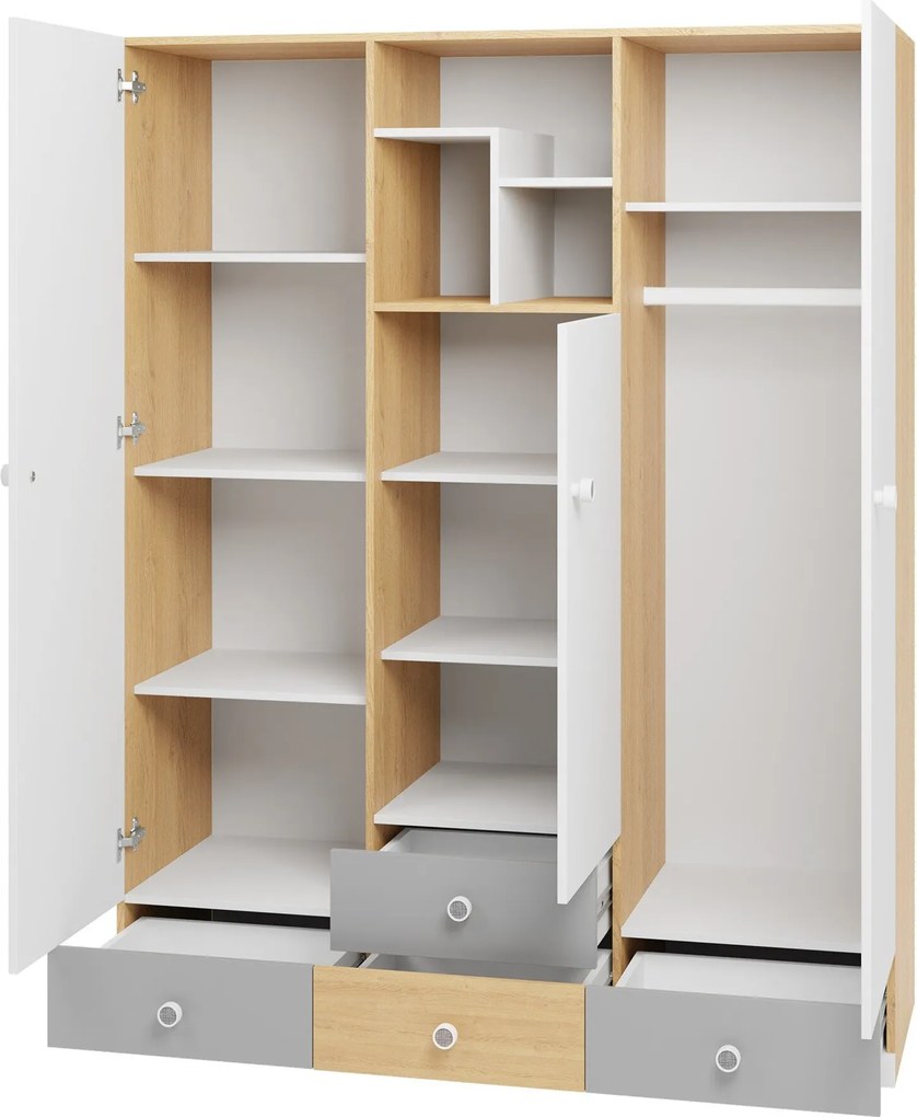 Kledingkast Tesmonu 100, Grijs, Wit, Eiken, 190x150x50cm, 126 kg, Kledingkast deuren: Met scharnieren, Aantal planken: 6, Aantal planken: 6