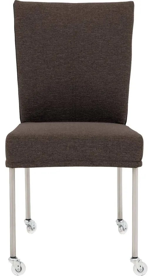 Goossens Eetkamerstoel Funk RVS Poten bruin stof leuning en Transparant skater wiel met rvs kapmet wielen, modern design