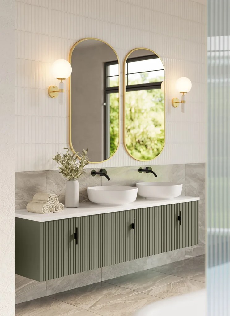 Muebles Ezra badmeubel ribbelfront 180cm legergroen met wit toppaneel en waskom