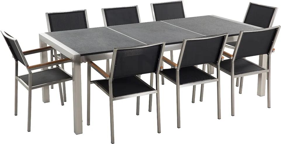 Tuinset gebrand graniet/RVS zwart driedelig tafelblad 220 x 100 cm met 8 stoelen zwart GROSSETO