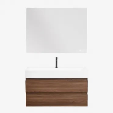 Badkamermeubelset Van Hout En Essenhoutfineer Met Geïntegreerde Wastafel Ona Donker Hout & Rectangular Led And Antifog 120x90 Cm Sivren - Sklum