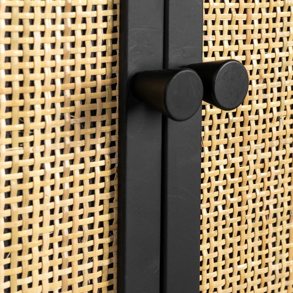 Muur Wijnrek Zwart Met Rotan - 60x18x100cm.