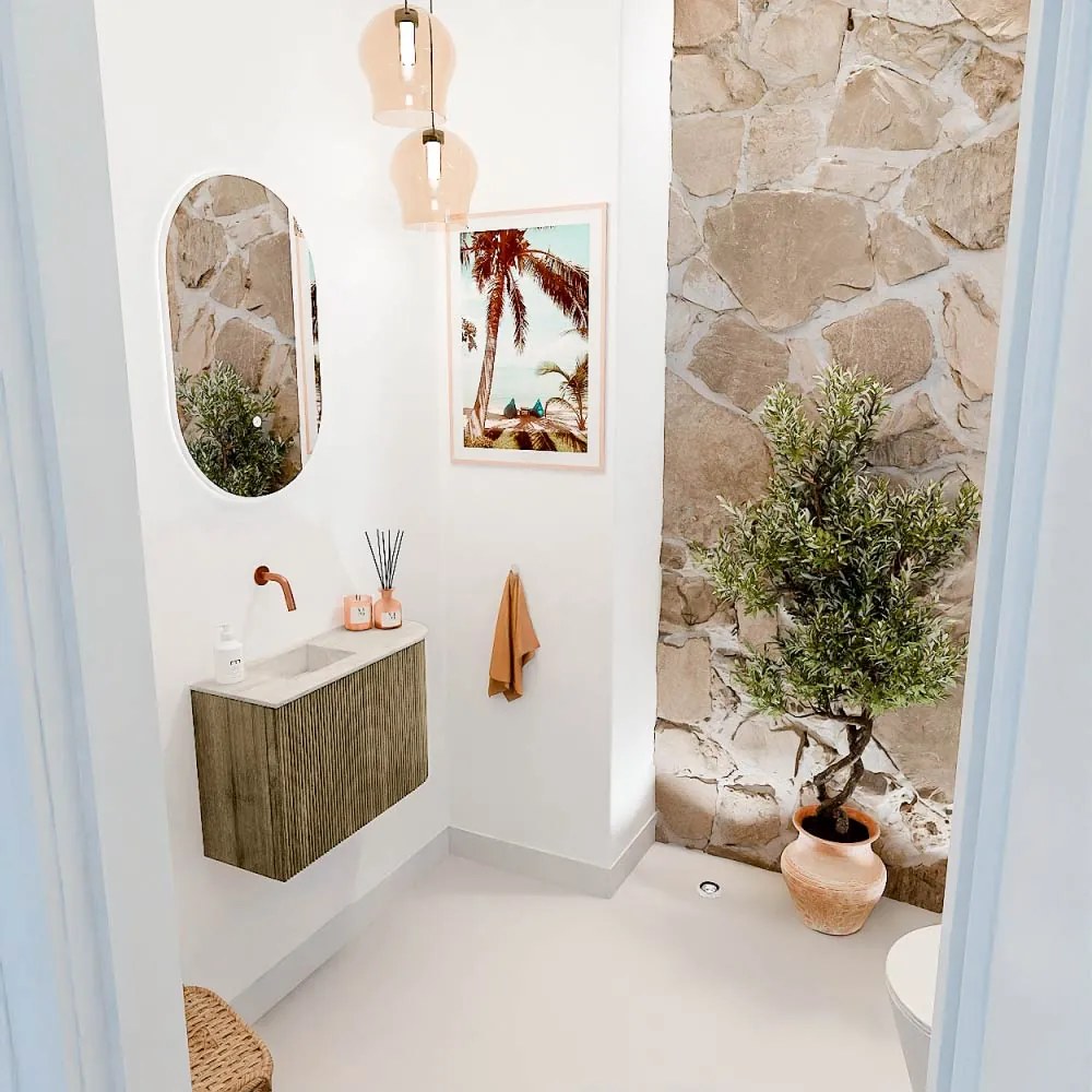 Mondiaz Joya DLux 60cm toiletmeubel ronding rechts dusk met wastafel faye links zonder kraangat ostra