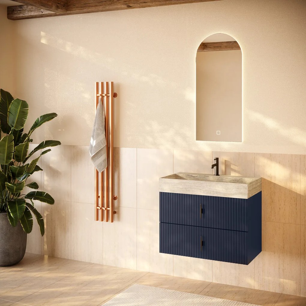 Muebles Murcia badmeubel ribbelfront 80cm marine blauw met White Travertin wastafel met kraangat