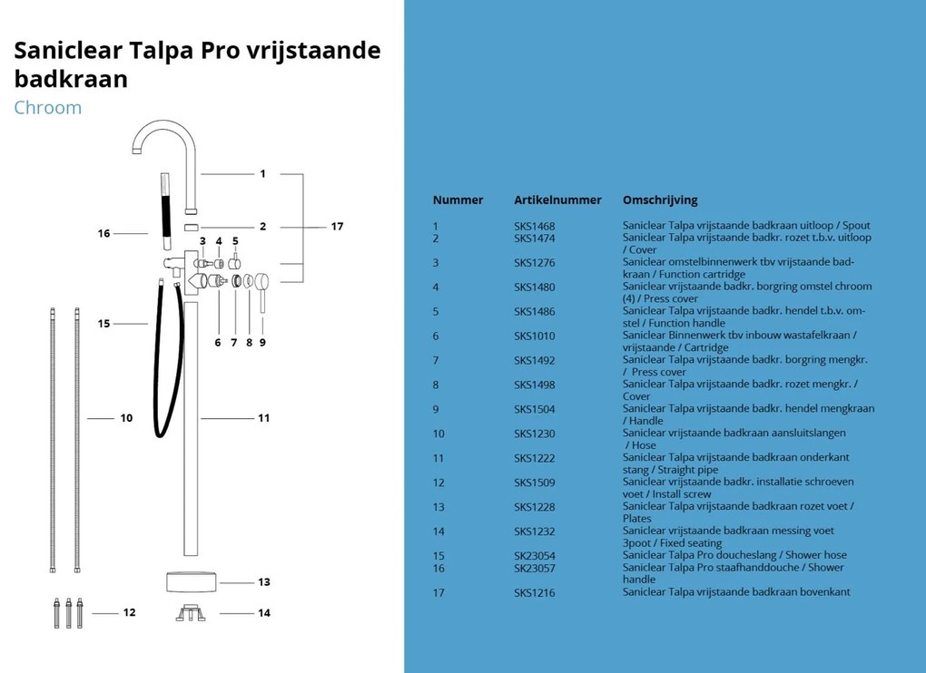 Saniclear Talpa Pro vrijstaande badkraan chroom