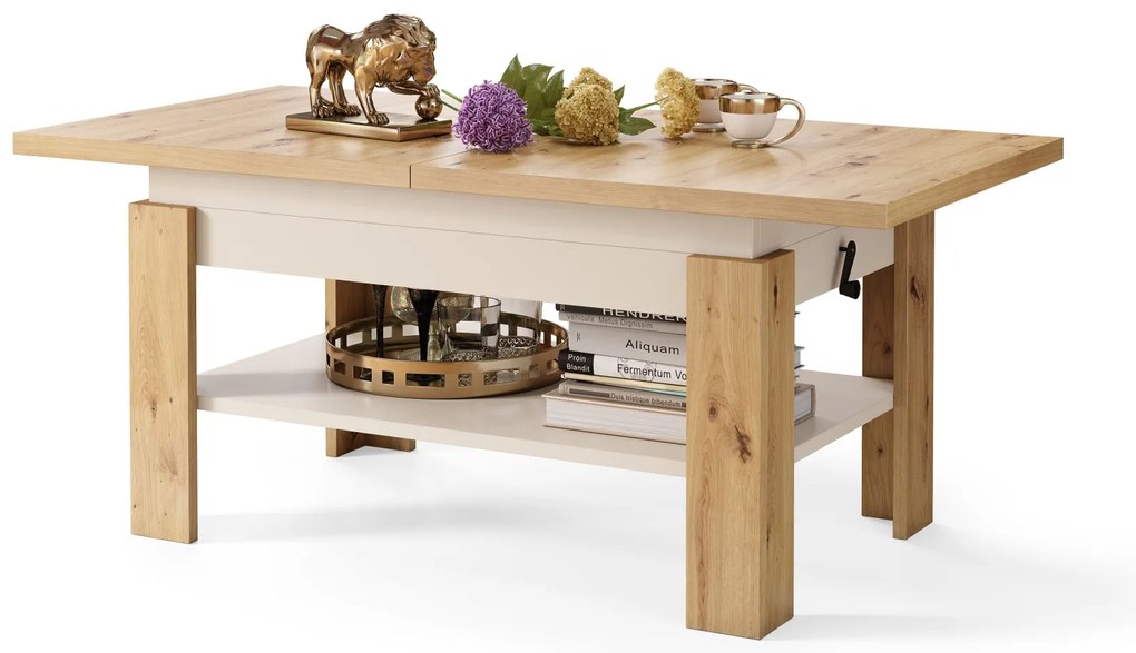 RIO eiken artisan / beige - KOFFIETAFEL, UITSCHUIFBAAR MET HEFFUNCTIE VOOR HET BLAD