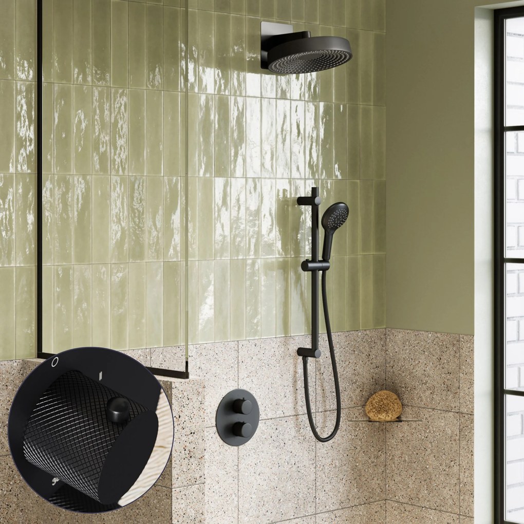 Saniclear Evolution Curved inbouw regendouche rond met glijstang en 2 standen handdouche zwart mat