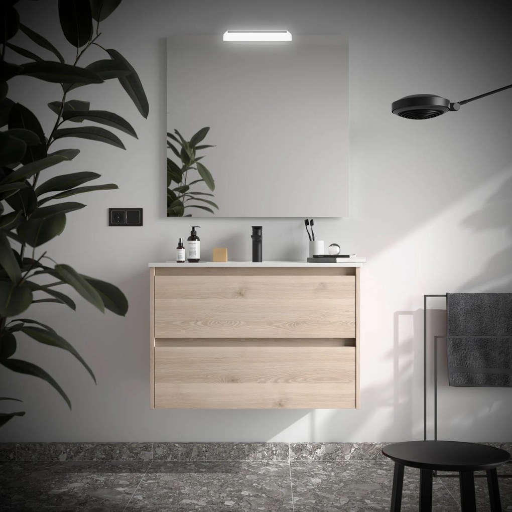 Muebles Project badmeubel 90cm met 2 lades en wastafel naturel eiken
