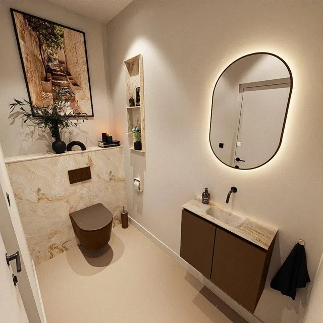 MONDIAZ TURE-DLUX 60cm toiletmeubel Rust. EDEN wastafel Frappe positie midden. Zonder kraangat. TUREDX60RUSM0FRA