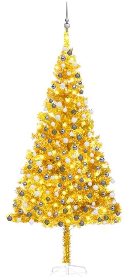 vidaXL Kunstkerstboom met LED's en kerstballen 240 cm PET goudkleurig
