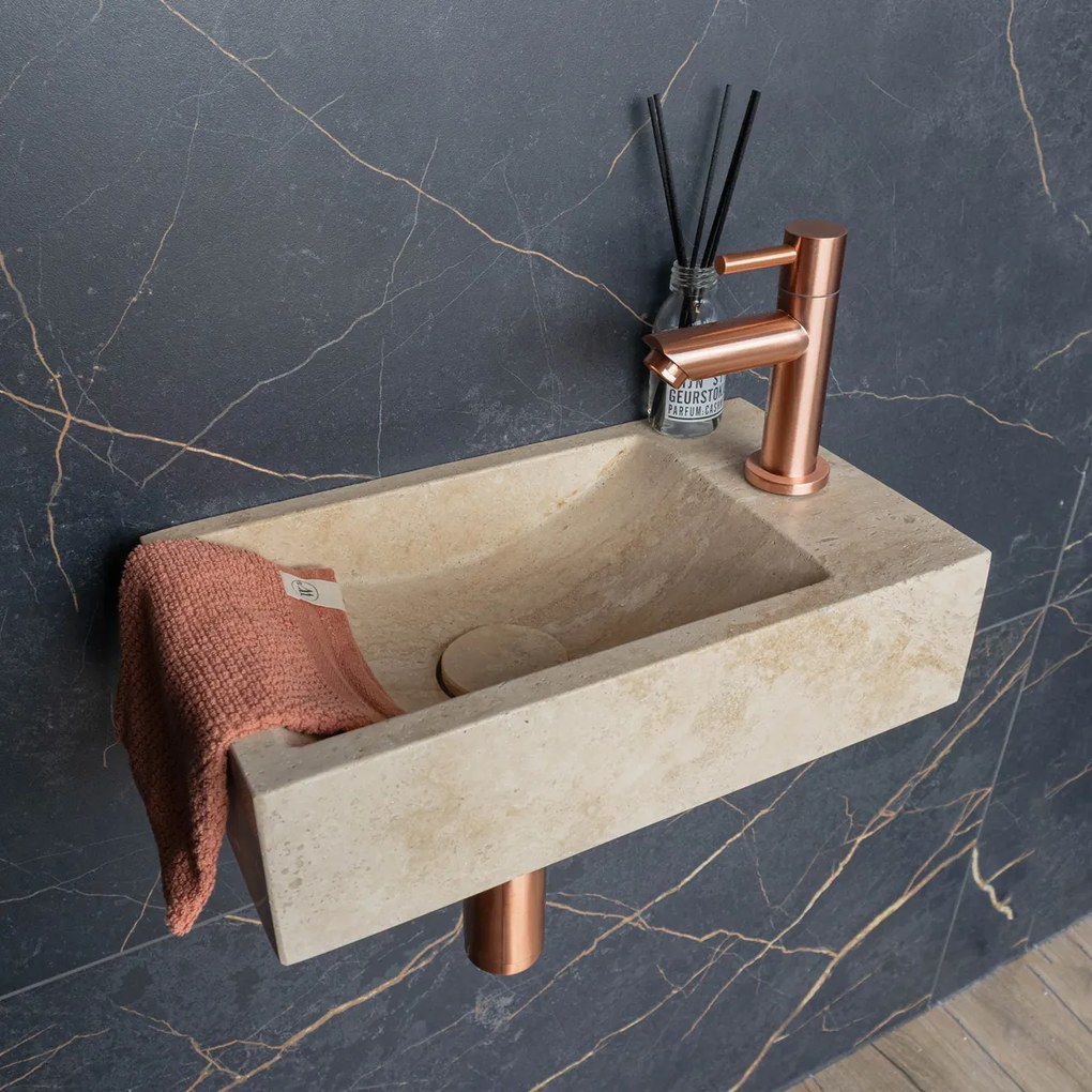 Saniclear White Travertin fonteinset met rechte kraan in geborsteld koper