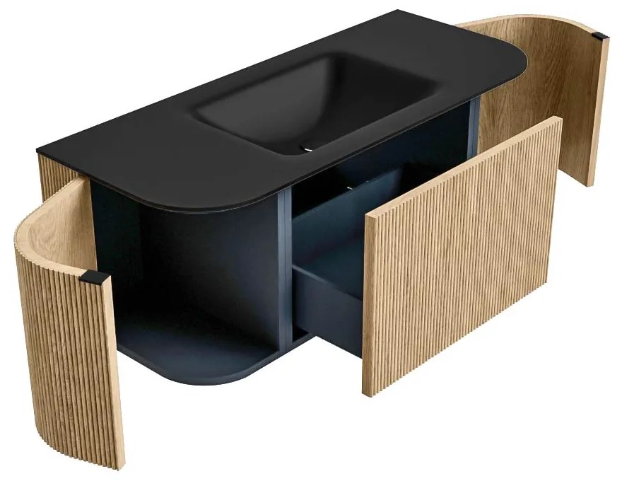 Mondiaz Kurve 110cm badmeubel ronding links/rechts oak met 1 lade en 2 deuren en wastafel cloud midden 1 kraangat urban