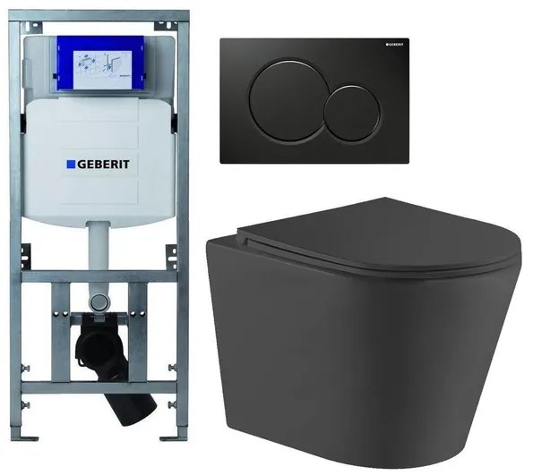 QeramiQ Dely Toiletset - Geberit UP320 inbouwreservoir - met Burda frame - zwart glanzende bedieningsplaat - toilet - zitting - mat zwart 0701131/0700524/SW1000768/SW1026253