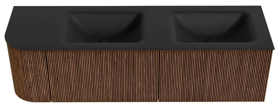 Mondiaz Kurve 155cm badmeubel ronding links walnut met 2 lades en 1 deur en wastafel cloud dubbel/rechts 2 kraangaten urban
