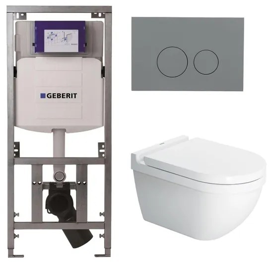 Duravit Starck 3 toiletset met Geberit inbouwreservoir toiletzitting met Saniclass softclose zitting en QeramiQ bedieningsplaat licht grijs met ronde knoppen wit SW729015/0701131/ga69956/SW1102374