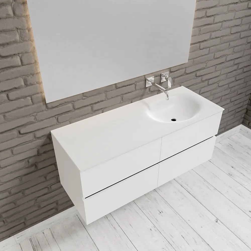 Zaro Sevilla Solid Surface badmeubel 120cm mat wit zonder kraangat spoelbak rechts 4 lades