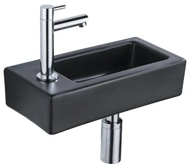 QeramiQ Fuente Fonteinset - 37.5x18.5x9cm - keramiek - kraangat links - fonteinkraan chroom - afvoerplug - verlaagd sifon - Mat Zwart SW1122451/SW696209/SW696219/SW696234