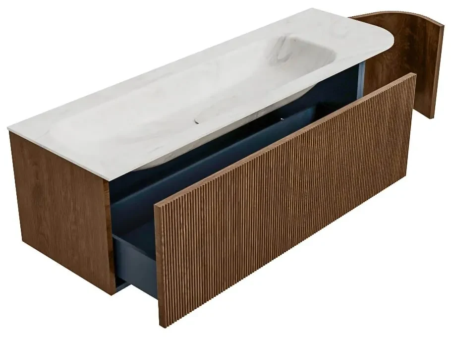 Mondiaz Kurve-dlux 145cm badmeubel ronding rechts walnut met 1 lade en deur en wastafel big large kraangat links ostra
