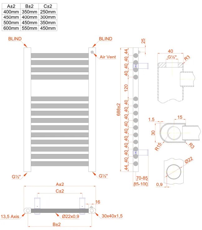 Eastbrook Biava multirail handdoekradiator 45x70cm 344W zwart mat