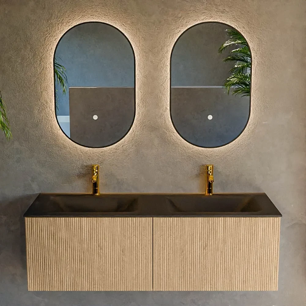 Mondiaz Kurve 130cm badmeubel oak met 2 lades en wastafel cloud dubbel 2 kraangaten urban