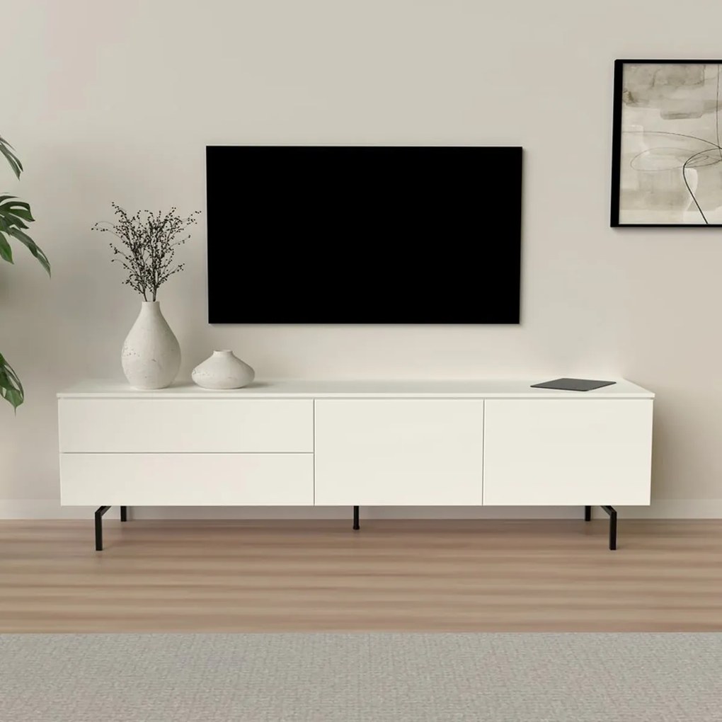 Tenzo Plain Mat Wit Tv-meubel Modern Metalen Poot - 210x45x57cm.