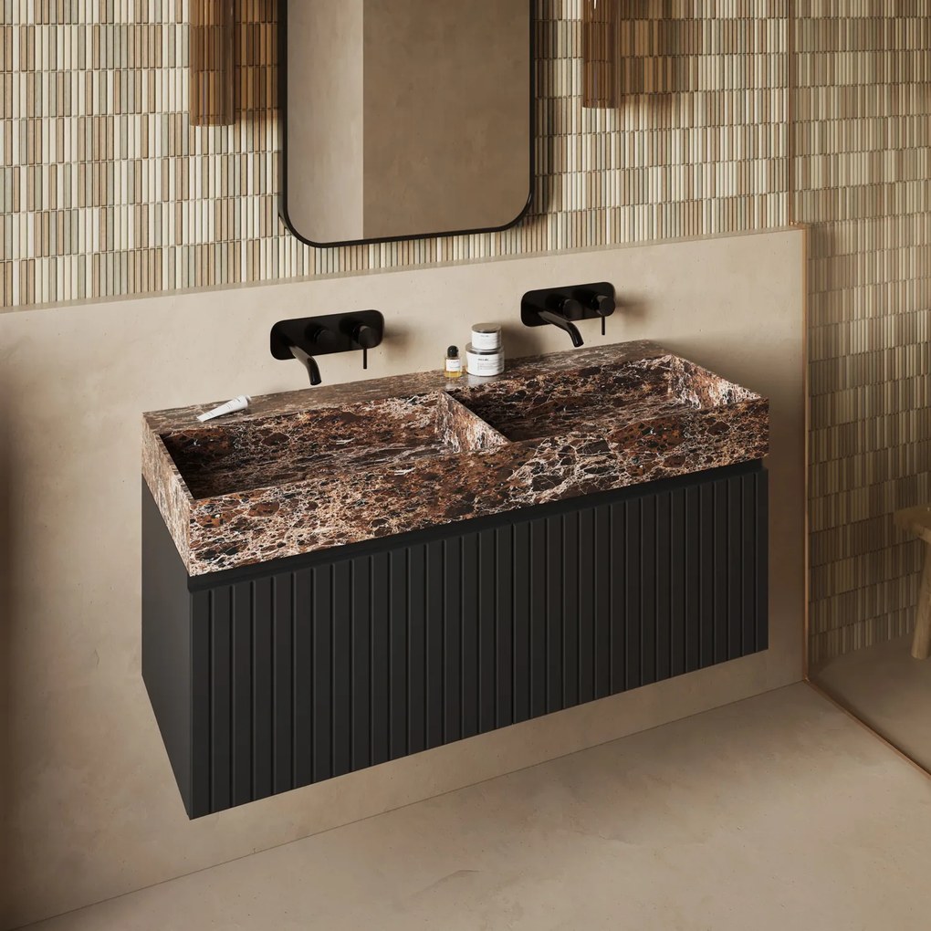Fontana Dark Emperador badmeubel 120cm mat zwart met ribbelfront zonder kraangaten